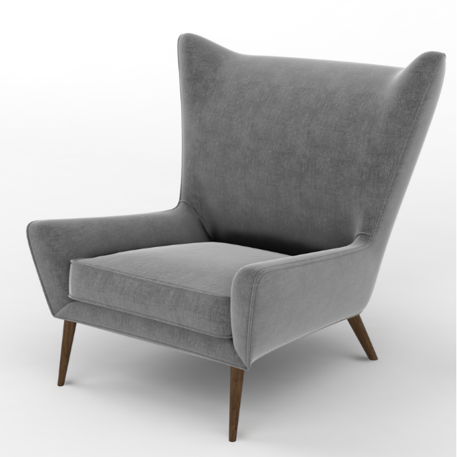 Gray armchair with wooden legs on a white background